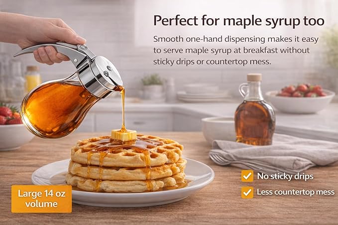 EHOMEA2Z Glass Honey Dispenser, 14 oz Syrup Dispenser with Metal Top, Maple Syrup Dispenser for Kitchen & Dining Table (1, 14 Oz)