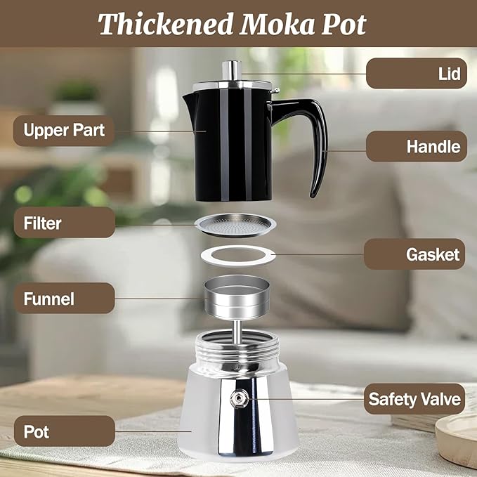 4 Cup Thickened Moka Pot 304 Stainless Steel 200ml Italian Espresso Coffee Maker Stovetop CoffeeMakers Mocha Pot Percolator for Induction Stove Classic Cafe Makers Portable for Easy Brewing