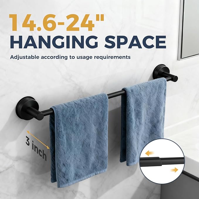 14.6inch~24inch Towel Racks for Bathroom,Adjustable Suction Cup Towel Bar for Bathroom Wall,Stainless Steel Bath Towel Holder for Shower(Matte Black)