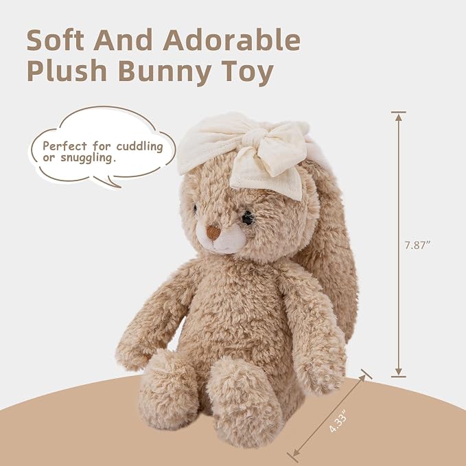 Bunny Stuffed Animal Soft Rabbit Cuddly Toy 8'' Long - Eared Brown Plush Bunny with Cream Bow Plush Toys for Babies and Toddlers