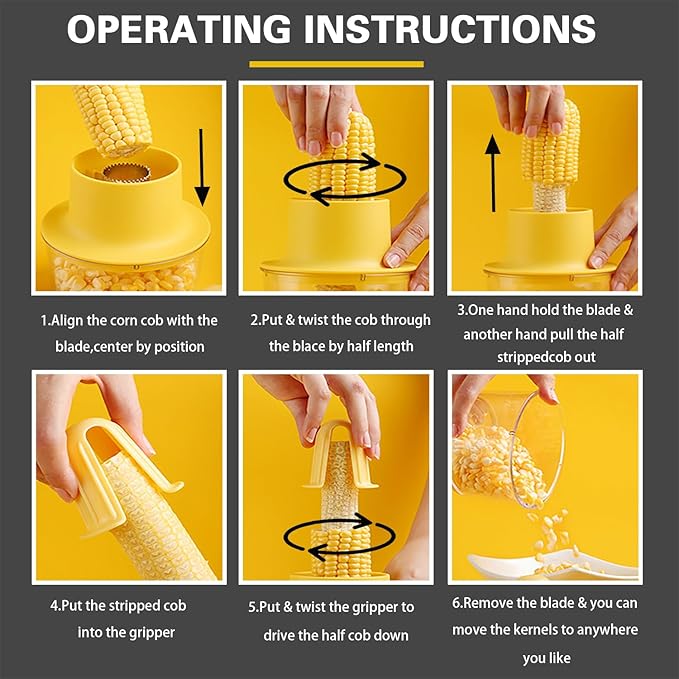 Corn Cob Stripper, Corn Peeler for Corn on the Cob, Quick Corn Cutter Tool, Corn shucker off the Cob with Bowl & Safety Handle [Yellow]