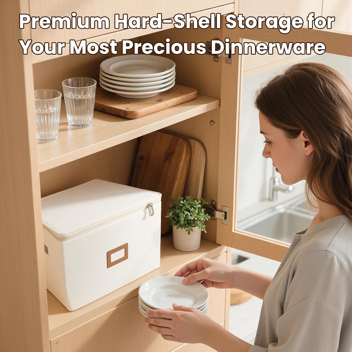 HOMELUX THEORY Wine Glass Storage Box with Dividers, Ivory Hard Shell China Storage Containers, Kitchen Storage Bins With Lids, Heavy Duty Moving Box for Packing Glasses, Stemware & Glassware