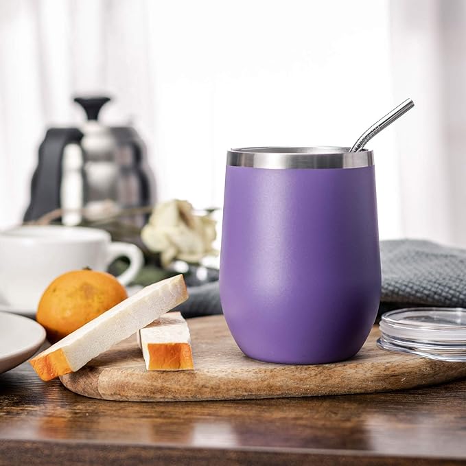 COMOOO Stainless Steel Wine Tumbler Glass Bulk with Lid and Straw 12oz Double Wall Vacuum Insulated Travel Tumbler Cup Stemless for Coffee Wine Cocktails Ice Cream Cup,Purple, 16 pack