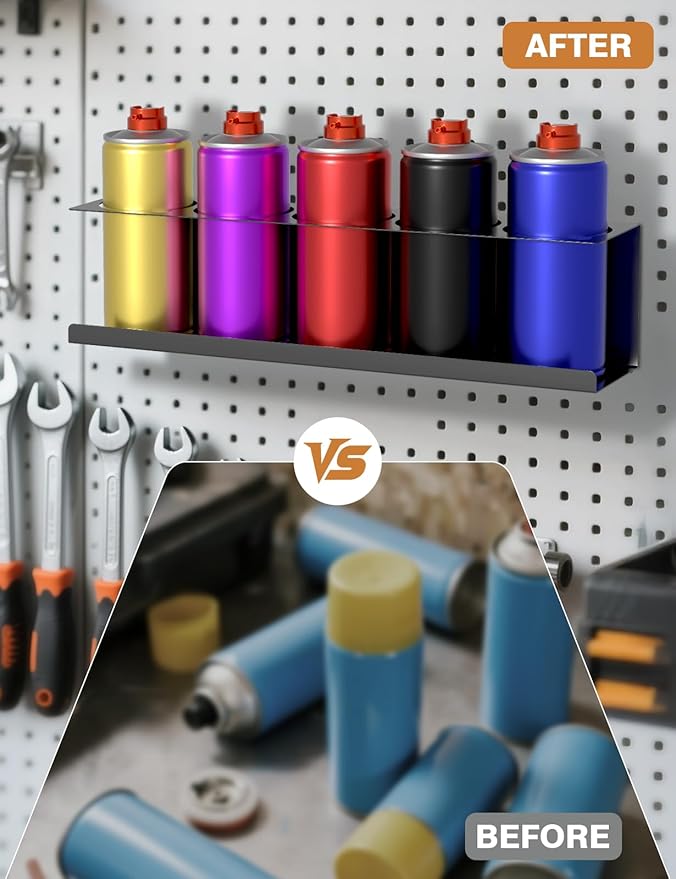 sogiv 4 Pack Spray Can Holder Organizer, Wall-Mounted Steel Spray Bottle Rack, Tool Box Storage Rack, 5 Cans Metal Paint Can Organizer for Garage, Workspace, Shop, Home or Tool Trailer, Black