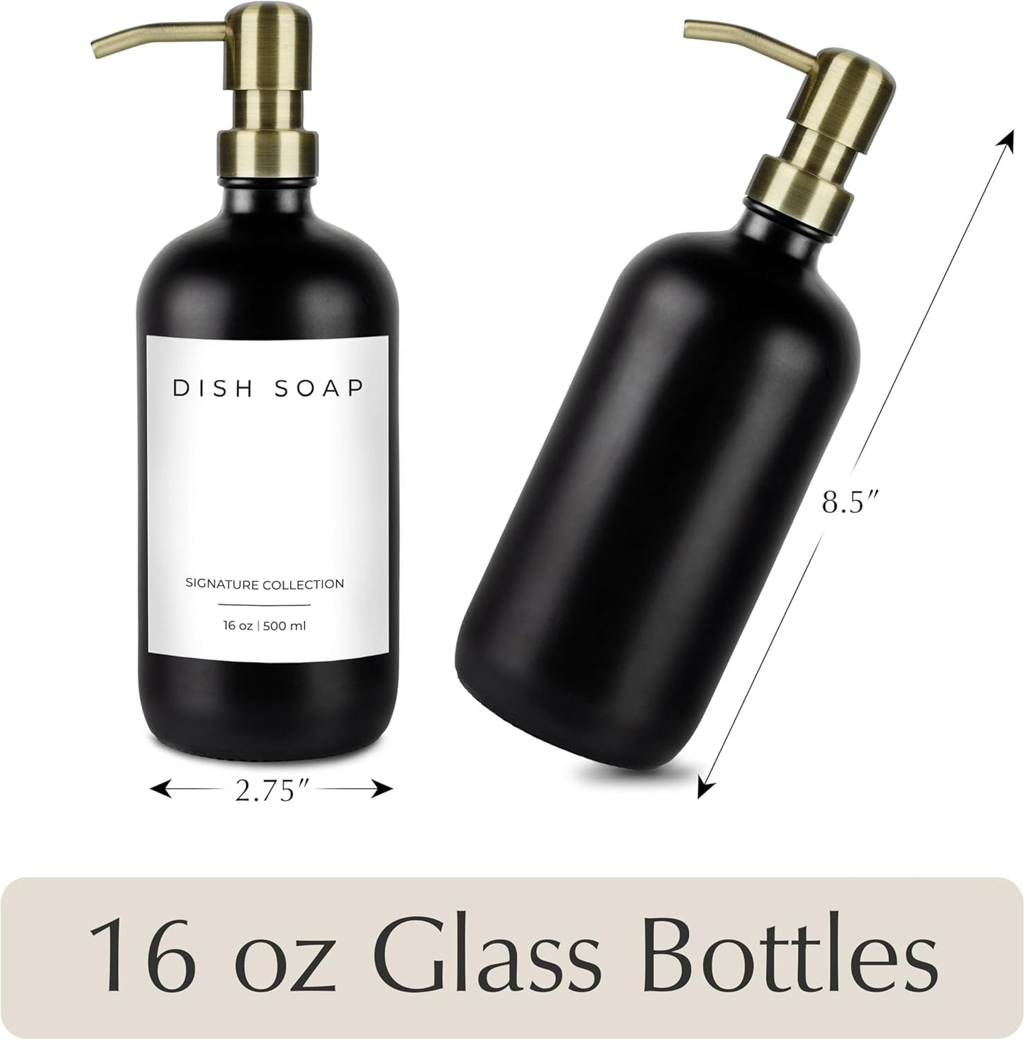 Emerson Soap Dispenser, Dish Soap Dispenser for Kitchen, Soap Dispenser Bathroom Set - Hand Soap Dispenser, Kitchen Soap Dispenser Set, Glass Soap Dispenser with Pump and Labels - 16 Oz, 2 Pack