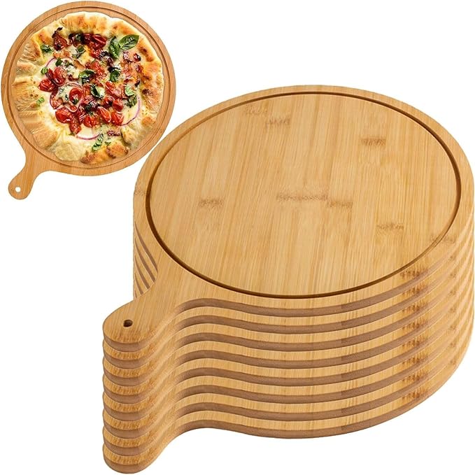 6 Pack Pizza Board Set – Premium Wooden Pizza Plates for Serving & Cutting, Round Bamboo Pizza Plate with Handle, Durable & Lightweight for Home & Restaurant (Up to 13 Inches),12inch