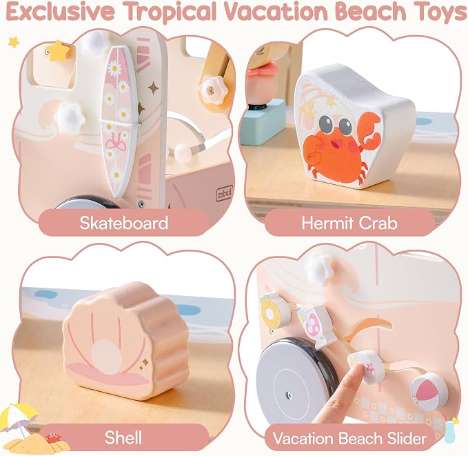 ROBUD Wooden Baby Walker, Height & Speed Adjustable Baby Push Walker with Anti-Slip Wheels, Developmental Activity Center with Ocean Vacation Theme, Wooden Walkers for Babies Learing to Walk，Pink