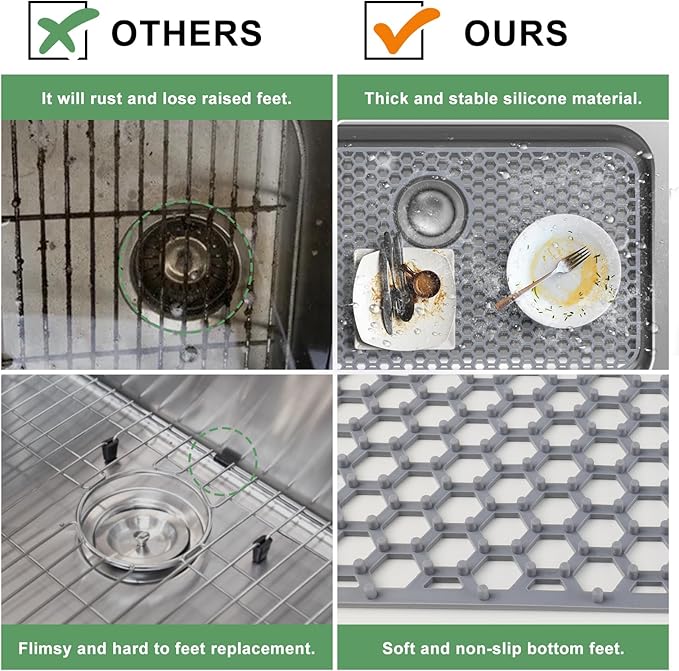 Sink Protectors for Kitchen Sink - 26"x 14" with Rear Drain Hole Heat Resistant Easy Clean Non-slip Silicone Kitchens Sinks Mat for Bottom of Kitchen Sinks Stainless Steel(Grey)-66x35CM