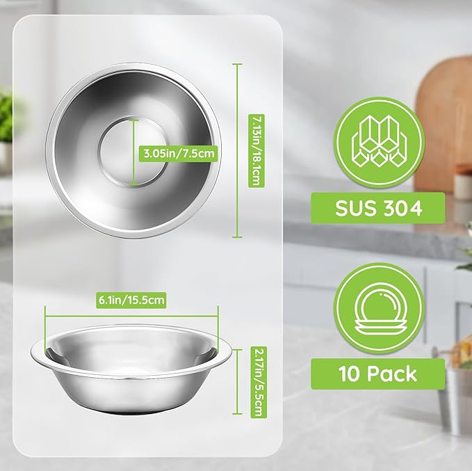 304(18/8) Stainless Steel Mixing Bowls for Kitchen, 10 Pack 7" 21.22 fl.oz Metal Mixing Bowls Set Stackable for Baking Serving Cooking Food Prep Storage Dishwasher Safe Lightweight