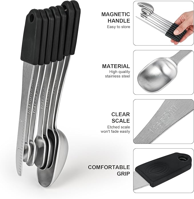 Magnetic Measuring Cups & Spoons Set 14, Heavy Duty Stainless Steel Measuring Cups and Spoons Set for Baking & Cooking, BPA Free, Round Measuring Set with Leveler, Black