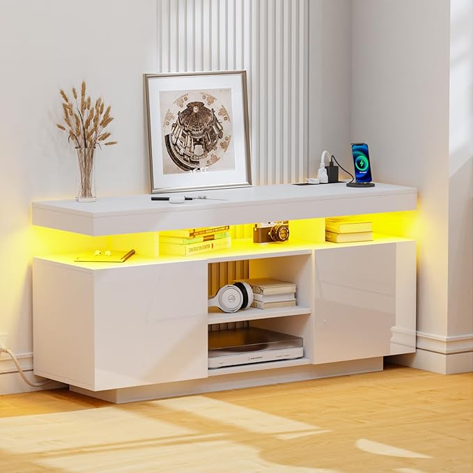 HOMMPA Modern LED TV Stand for 55/50/43/40/32 inch TV with Power Outlets, Gaming Console Storage Entertainment Center with LED Lights Game Cabinet for Living Room White