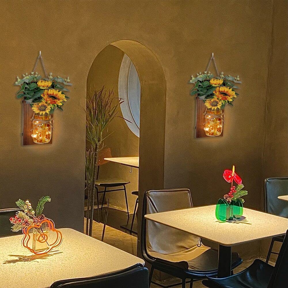 2 Pack Mason Jar Wall Sconces Remote Control with 20 LED Fairy String Lights, Sunflowers and Wooden Board, Decorative Jars for Wall Decor, Door Decor (Brown)