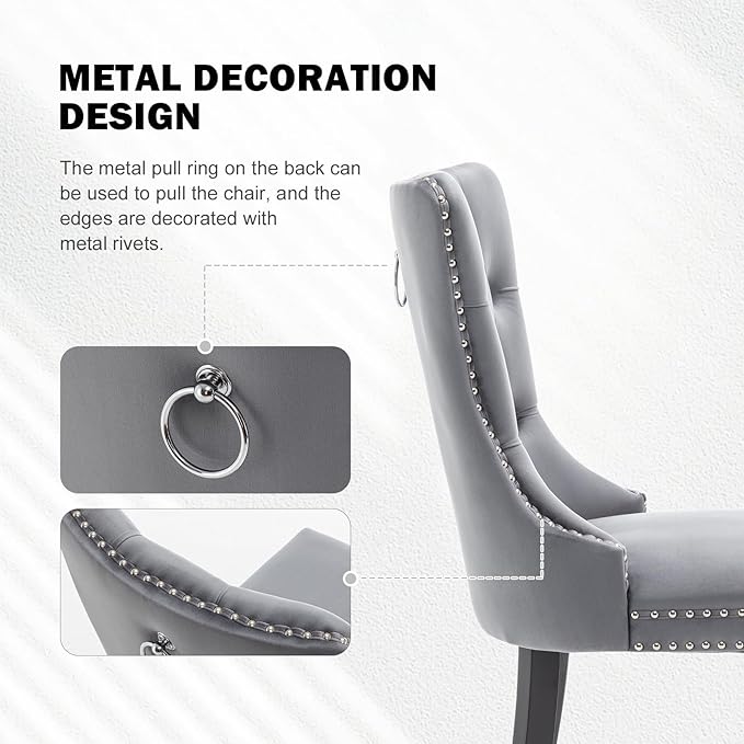 Velvet Dining Chairs Set of 6,Upholstered Dining Chairs with Ring Pull Trim and Button Back,Modern Seating for Kitchen, Bedroom & Living Room(Grey)