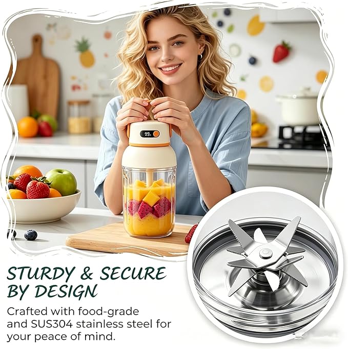 Portable Electric Juicer Cup with Zero Cord Hassle, 33 Oz Cordless Personal Juicer Cup, Digital Display Portable Juicers Blender with Stainless Steel Blades, USB-C (orange-800ml)