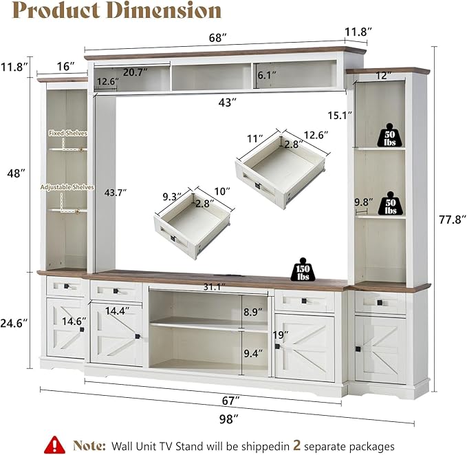 AMERLIFE 98" Farmhouse Wall Unit Entertainment Center with Bookshelves, Wine Cabinet, Fits 75" TVs, Rustic Media Console for Living Room, Large TV Stand with Power Outlets & Barn Door, Off-White