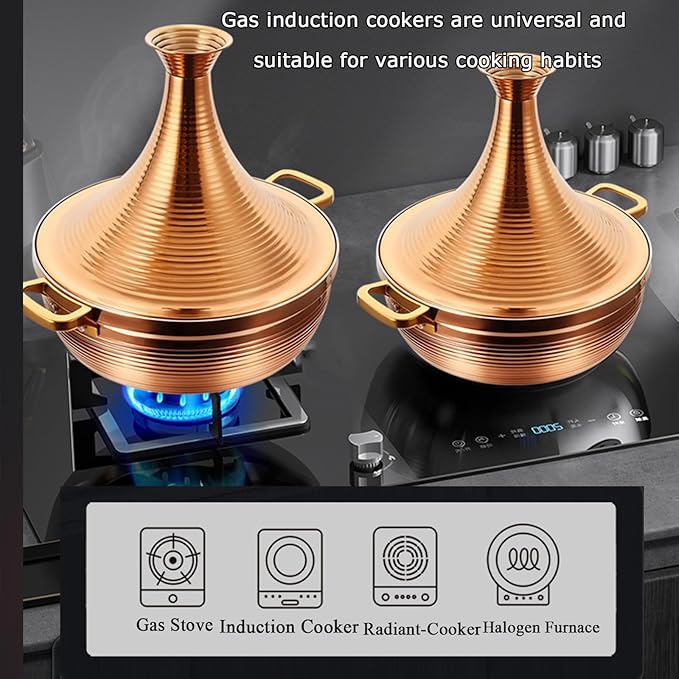 Stainless Steel Moroccan Tagine Pot, Large Moroccan Tajine Casserole with Cone-Shaped Lid, Non Stick Tagine Cooking Pot with 2 Handles(30cm/11.8in, Gold)