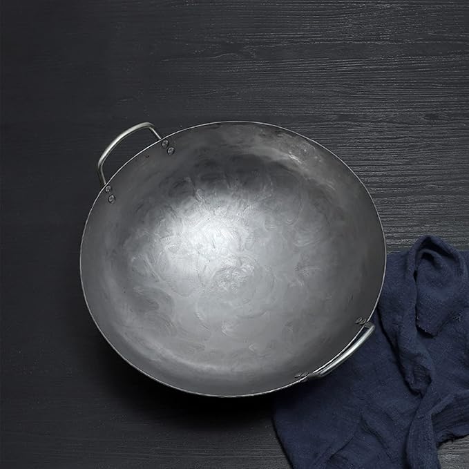 Wok Pfanne Traditioneller Handgehämmerter Wok Aus Refined Iron Mit Two Handles，1,8 MM Dick Wok (Rundboden) (Size : 38cm/14.9in)