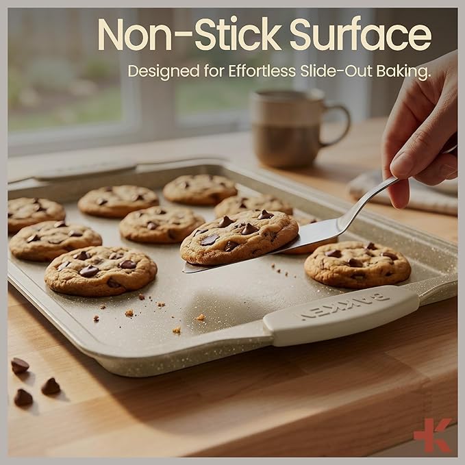 BAKKEN Kitchen Baking Pans - 15.15 x 10.03" Medium Nonstick Sheet, Durable Carbon Steel Cookie Sheet with White Silicone Handles, PFOA, PFOS, PTFE Free, Oven Safe Tray (Up To 450°F), Set of 1