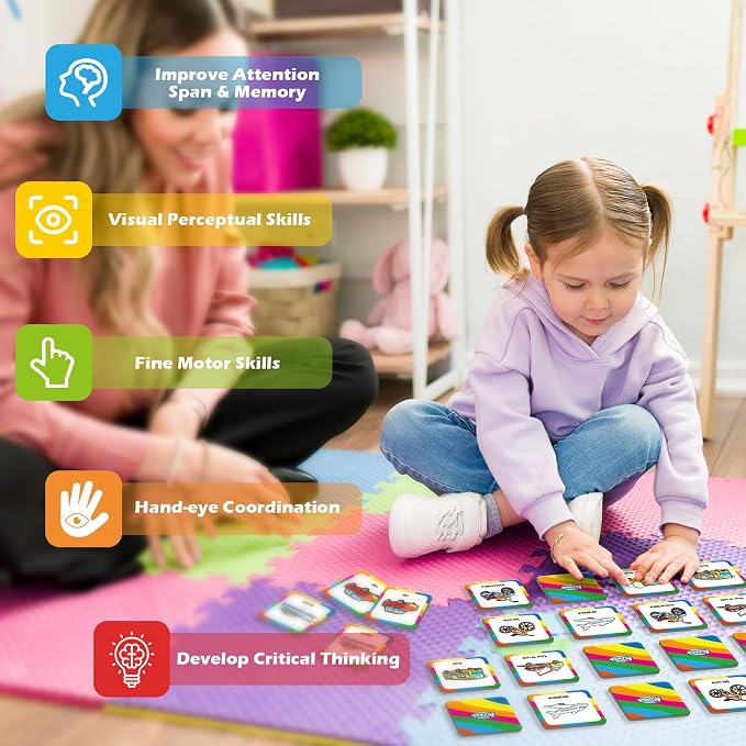 Aizweb Match Game,Memory Game, Vehicle 48 Pcs Toddler Card Games for Kids Ages 3 4 5 6,Flash Cards for Preschool Kindergarten Learning Activities,Educational Toys Homechool Supplies