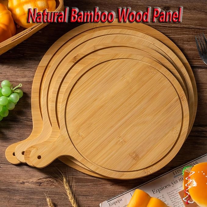 6 Pack Pizza Board Set – Premium Wooden Pizza Plates for Serving & Cutting, Round Bamboo Pizza Plate with Handle, Durable & Lightweight for Home & Restaurant (Up to 13 Inches),8inch