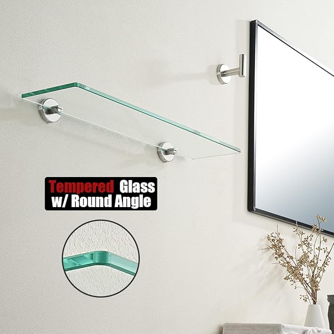 JQK Bathroom Glass Shelf, Tempered Glass Shower Storage 20 by 5 inches, 304 Stainless Steel Brushed Finish Wall Mount, 2 Pack, TGS101L20-BN-P2