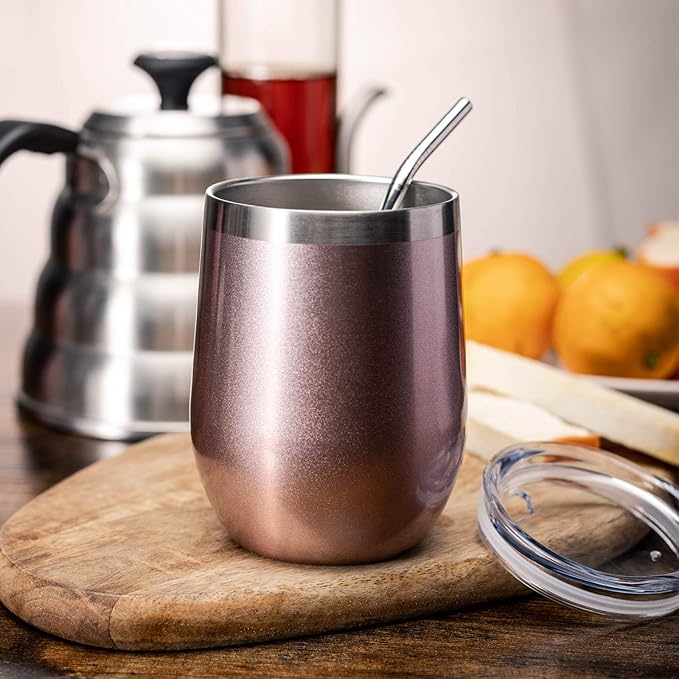 COMOOO Stainless Steel Wine Tumbler with Lid and Straw 12oz Double Wall Vacuum Insulated Travel Tumbler Cup for Coffee, Wine, Cocktails, Champagne (Black White Silver and Rose Gold, 16 Pack)