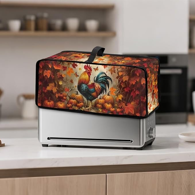 Thanksgiving Day Toaster Cover 2 Slice Rooster Pumpkin Toaster Cover with Top Handle Small Appliance Protector Lightweight Dust Protection Bread Machine Protector