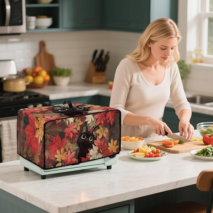 Air Fryer Toaster Oven Dust Cover Dust Protection Countertop Convection Oven Cover Stain-resistant Kitchen Appliance Protector, L, Black Cat Maple Leaf Fall Decor