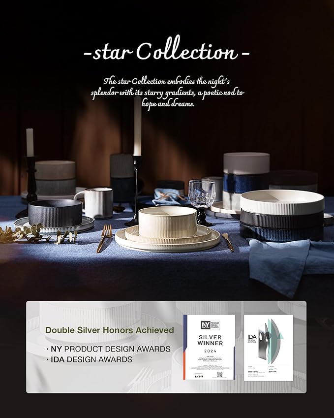 Famiware Star Dinnerware Set, Plates and Bowls Sets for 8 (24pcs), Ribbed Stoneware Dishes - Chip & Scratch Resistant, Microwave & Dishwasher Safe, Matte Sage Green