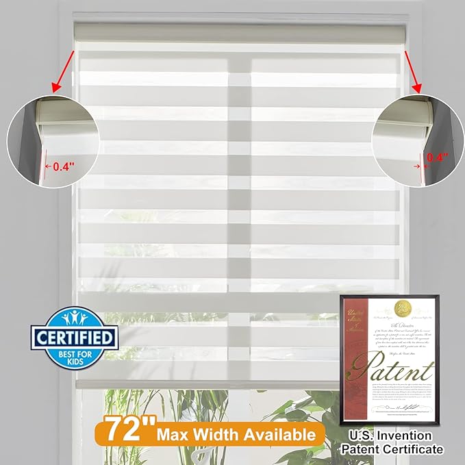 Persilux Cordless Zebra Blinds for Windows Free-Stop Window Shades (27" W X 72" H, Cream) Dual Layer Light Control for Day and Night, Light Filtering Sheer Shades for Home, Easy to Install