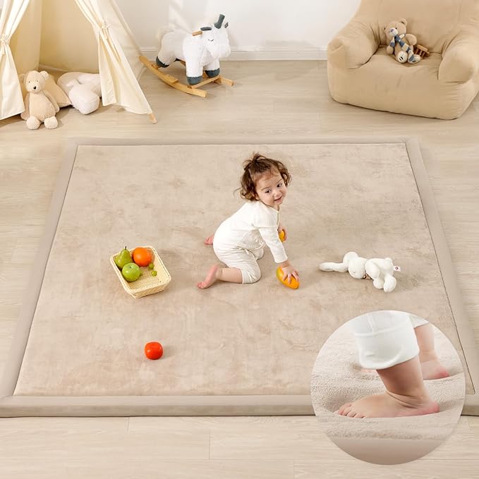 1.3" Thick Baby Play Mat for Floor, 79x118 Large Foam Tummy Time Mat, Padded Support Soft Plush Nursery Rug for Infant Kids Toddler Crawling Kick Activity (Beige)