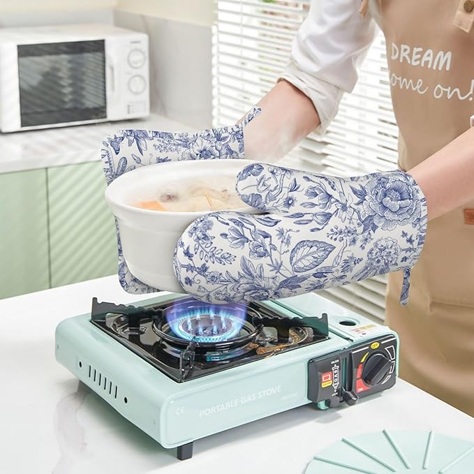 Vintage Flower Blue and White Leaves Oven Mitts and Pot Holders Sets of 4, Heat Resistant Silicone Oven Mittens and Potholders Gloves Hot Pads for Kitchen Cooking Baking Grilling BBQ Chef