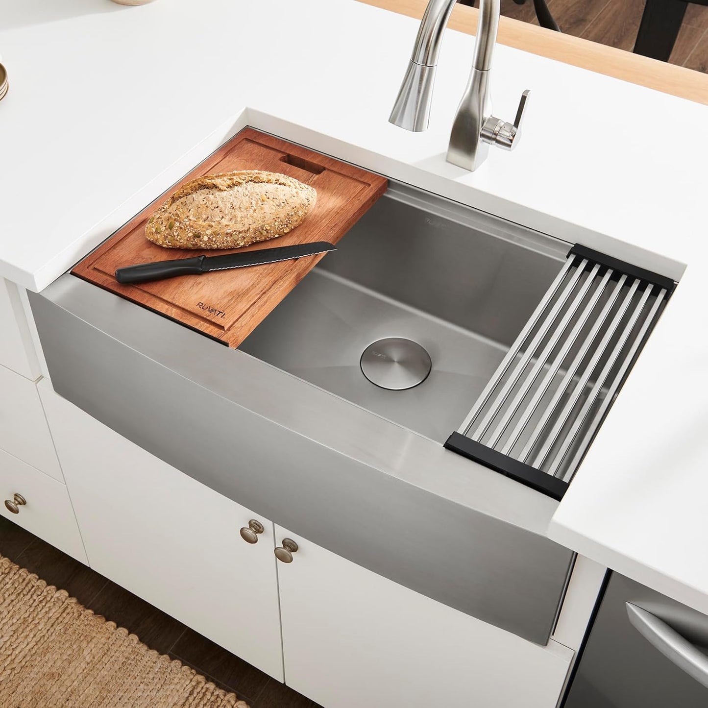 Ruvati 33-inch Apron-front Workstation Farmhouse Kitchen Sink - 16 Gauge Stainless Steel Kitchen Sink Single Bowl with Brushed Finish hides scratches - Farmhouse Workstation Sinks - RVH9200