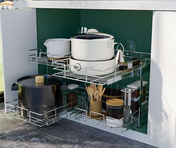 LOVMOR 2 Tier Individual Pull Out Cabinet Organizer 22½" W x 21½" D, Slide Out Kitchen Cabinet Storage Sliding Shelves