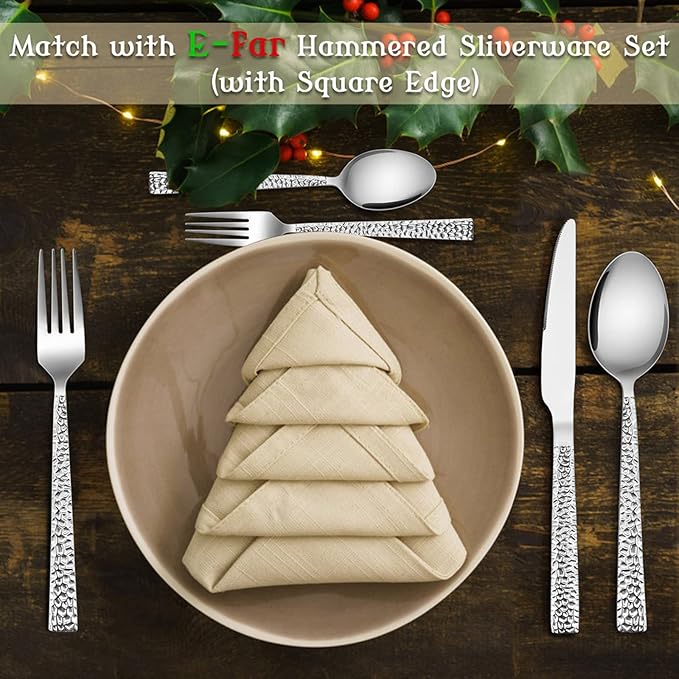 Hammered Dinner Spoons Set of 6, E-far 7.9 Inch Stainless Steel Soup Spoons Tablespoons for Home, Kitchen or Restaurant, Non-toxic & Mirror Polished, Squared Edge & Dishwasher Safe