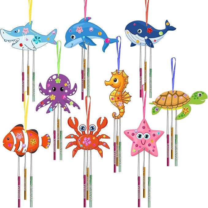 Fennoral 9 Pack Wind Chime Kit for Kids Make Your Own Ocean Animals Wind Chime Wooden Arts and Crafts for Girls Boys Ornaments DIY Coloring Sea Animals Craft for Art Activity Summer Party Decoration