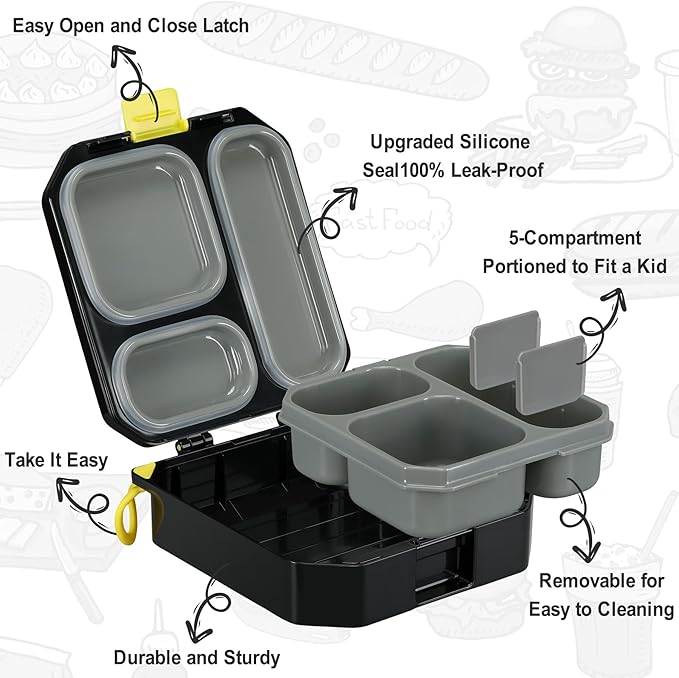 Itslife Bento Lunch Box Set for Kids with 12oz Soup Thermo&Lunch Bag, Leak-Proof Lunch Food Containers for Kids School, 5 Compartment, Sauce Cup, 10 Notes (Dinosaurs Black)