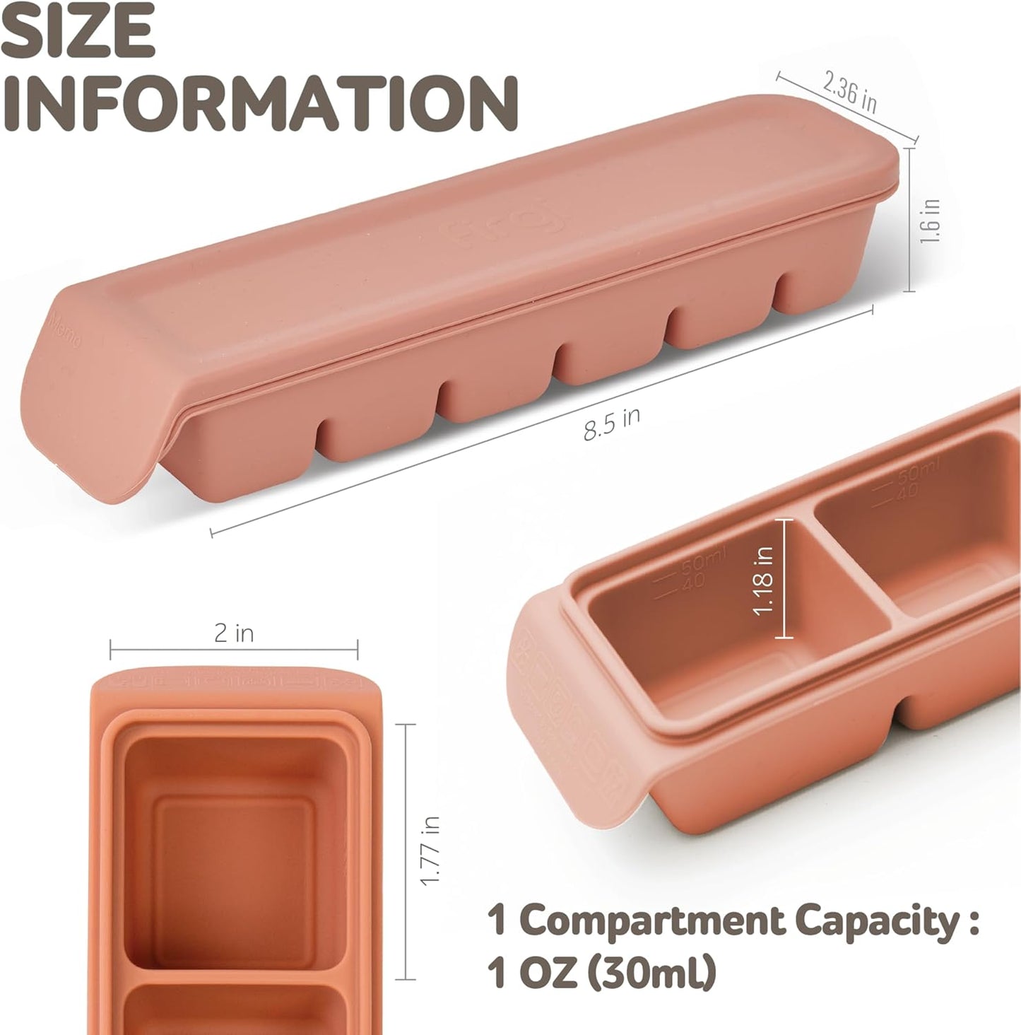 Silicone Freezer Trays with Lid,2ea 1oz 6 Section-Leak Proof Silicone Freezer molds for Homemade Baby Food Breastmilk, Purees, Vegetables, Fruit, Baby Food Jars Ice Tray with Lid BPA Free Brown