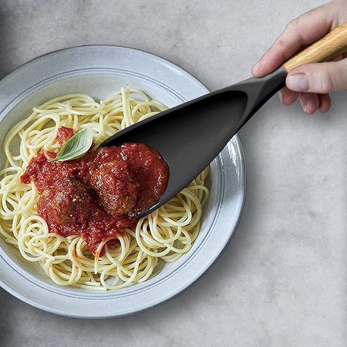 VOVOLY Cooking Spoon for Nonstick Cookingwares, Silicone Spatula Spoon for Mixing, Scoop, and Scrape, (Black-2 pack, 11.4'')