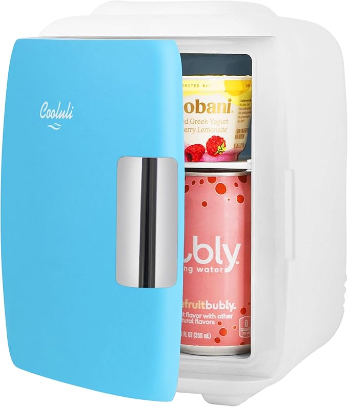 Cooluli Mini Fridge for Bedroom - Car, Office Desk & Dorm Room - Portable 4L/6 Can Electric Plug In Cooler & Warmer for Food, Drinks, Skincare Beauty & Makeup - 12v AC/DC & Exclusive USB Option, Blue
