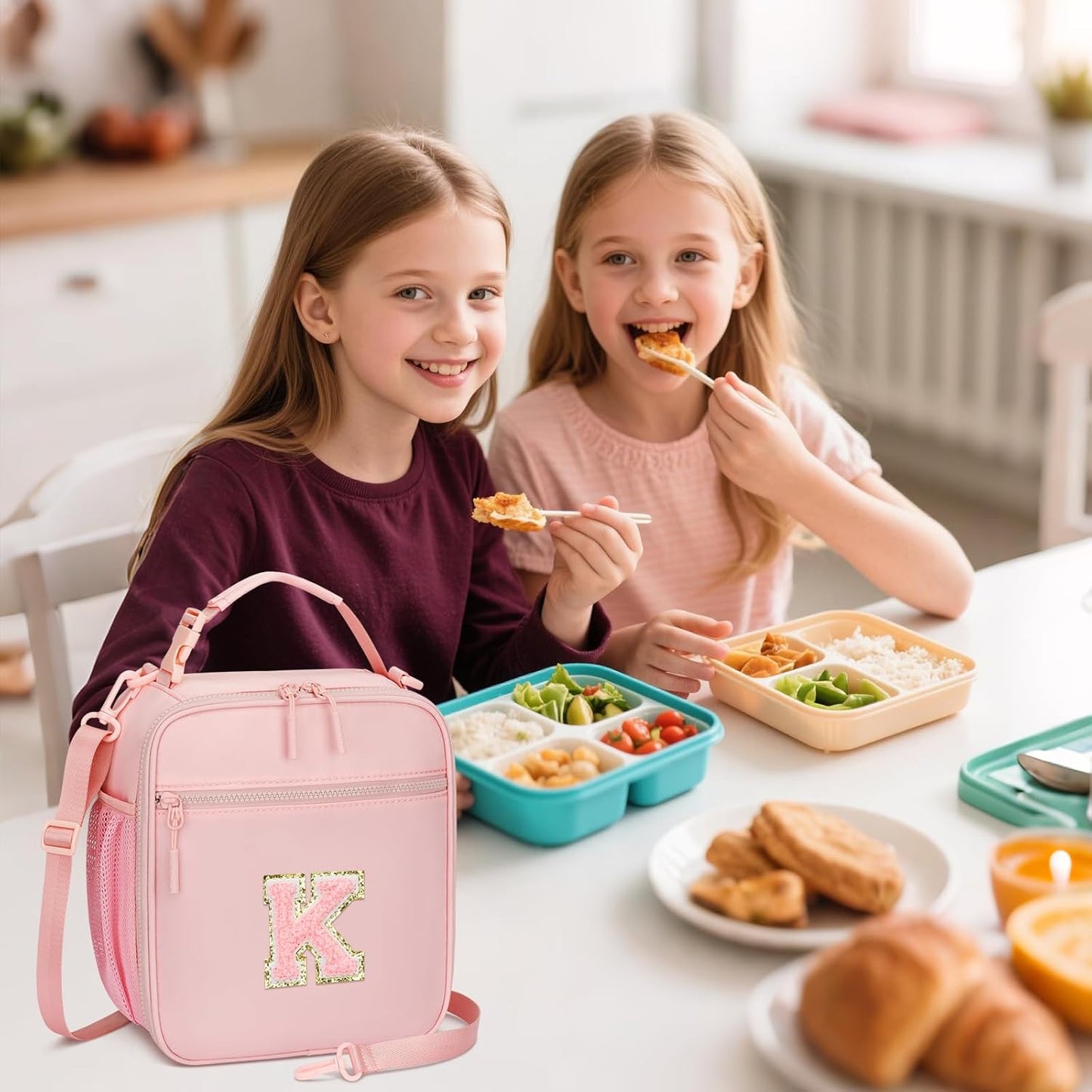 Initial Insulated Lunch Bag for Girls Kids, Back to School Gift, Reusable Leak-proof Lunch Box with Adjustable Strap for School Daycare Travel Picnic (Pink,K)