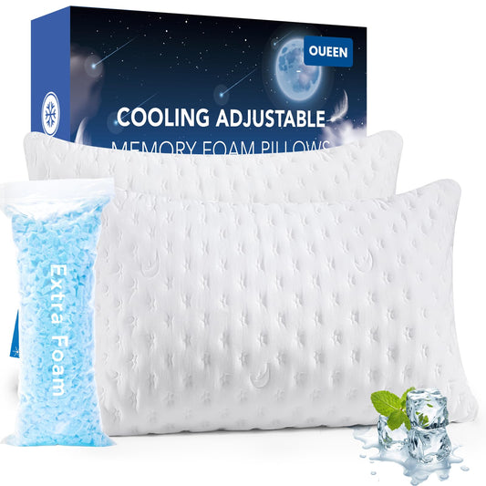 Cooling Side Sleeper Pillow for Neck and Shoulder Pain, Luxury Shredded Memory Foam Pillows for Sleeping, Firm Bed Pillows Queen Size Set of 2- Adjustable Queen Size- Washable Cover Original White