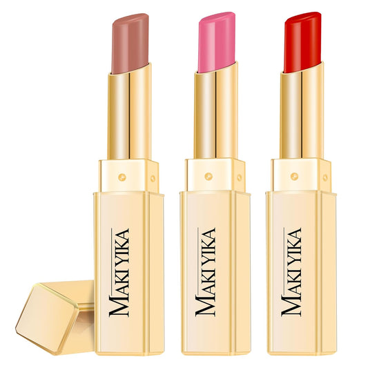 3Pc Moisture Lipsticks for Women Nude Pink Red Lipstick Hydrate Tinted Lip Balm for Dry Cracked Lips Glossy Lip Color, MA55/62/63