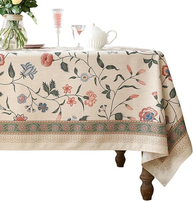 ISAENNE Designer Chinoiserie Linen Floral Small Square Tablecloth,White Wrinkle Resistant Table Cloth,Elegant Decor Tablecloths for Dining Thanksgiving Kitchen Party Christmas,55"*55"-Daffy