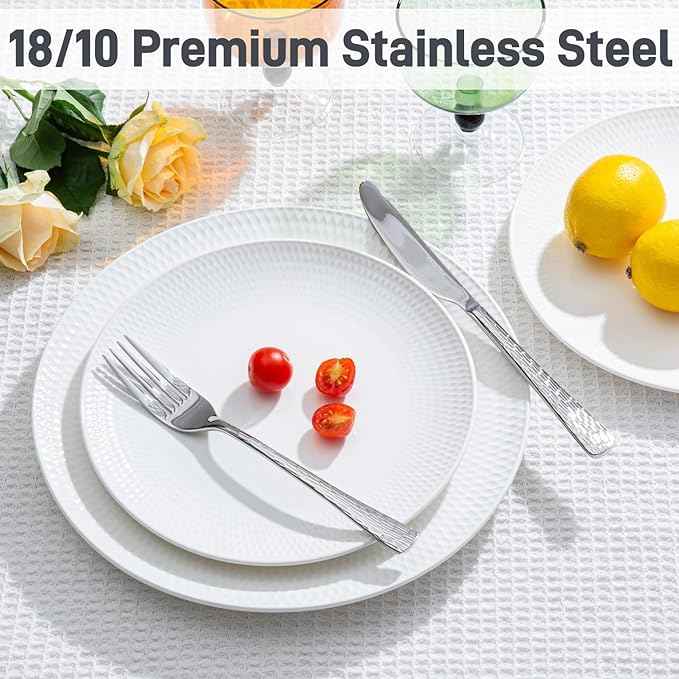 KINGSTONE 12-Piece Bone China Dinnerware Set with 20-Piece flatware, White Lightweight Porcelain Service for 4, for Family Dining, Restaurants, Gifting，Microwave and Dishwasher Safe