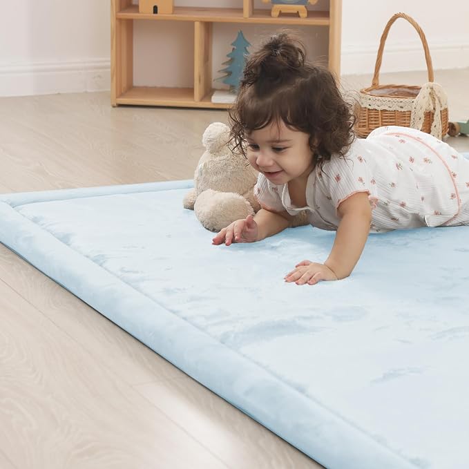 1.5" Thick Padded Baby Play Mat for Floor Tummy Time, Pro Soft Foam Activity Playroom Playmats, Easy Care with Non-Slip Safe for Infant Toddler Kids Crawling 59"x 71" (Blue)