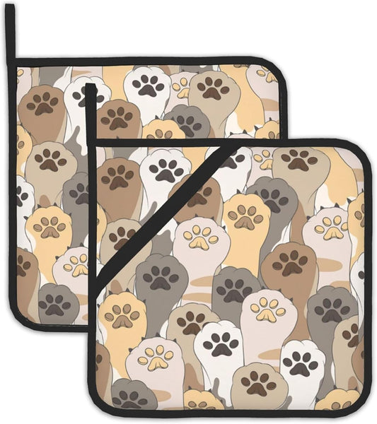 Cat Cute Paw Footprints Pot Holders Set of 2 Heat Resistant Potholders,Fire Oven Hot Pads for Kitchen Cooking Baking Barbecue