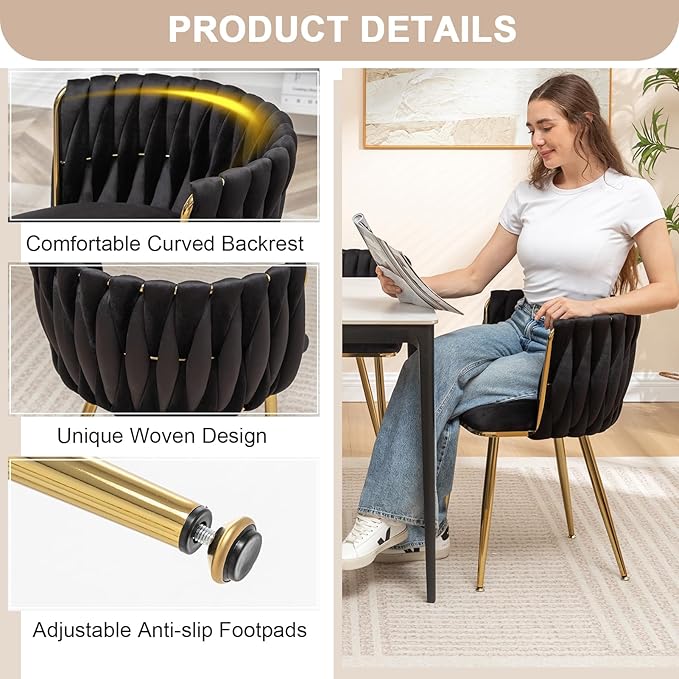 Kiztir Black Velvet Dining Chairs Set of 2, Upholstered Dining Room Chairs with Gold Metal Legs, Modern Dining Chairs with Woven Back for Living Room, Bedroom, Kitchen