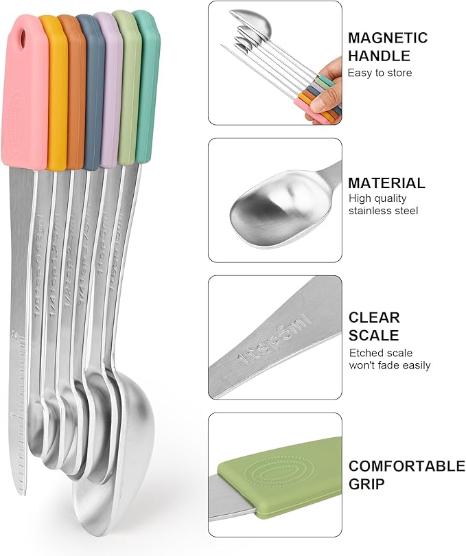 Magnetic Measuring Cups and Spoons Set 14, Stainless Steel Measuring Cups and Spoons Set for Dry & Liquid, Heavy Duty Metric Measuring cups & Spoons with Leveler for Baking & Cooking, Color