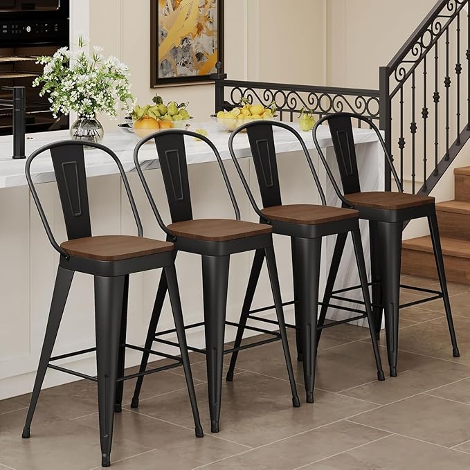 Andeworld Metal Bar Stools Set of 2, 24 inch Counter Height Barstools with Backs Farmhouse Modern High Back Bar Stools with Larger Seat Kitchen Dining Bar Chairs,Matte Black